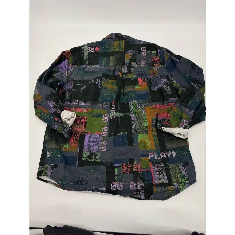 BDG Black Button-Up Shirt with Green, Purple & Pink Graphic Print